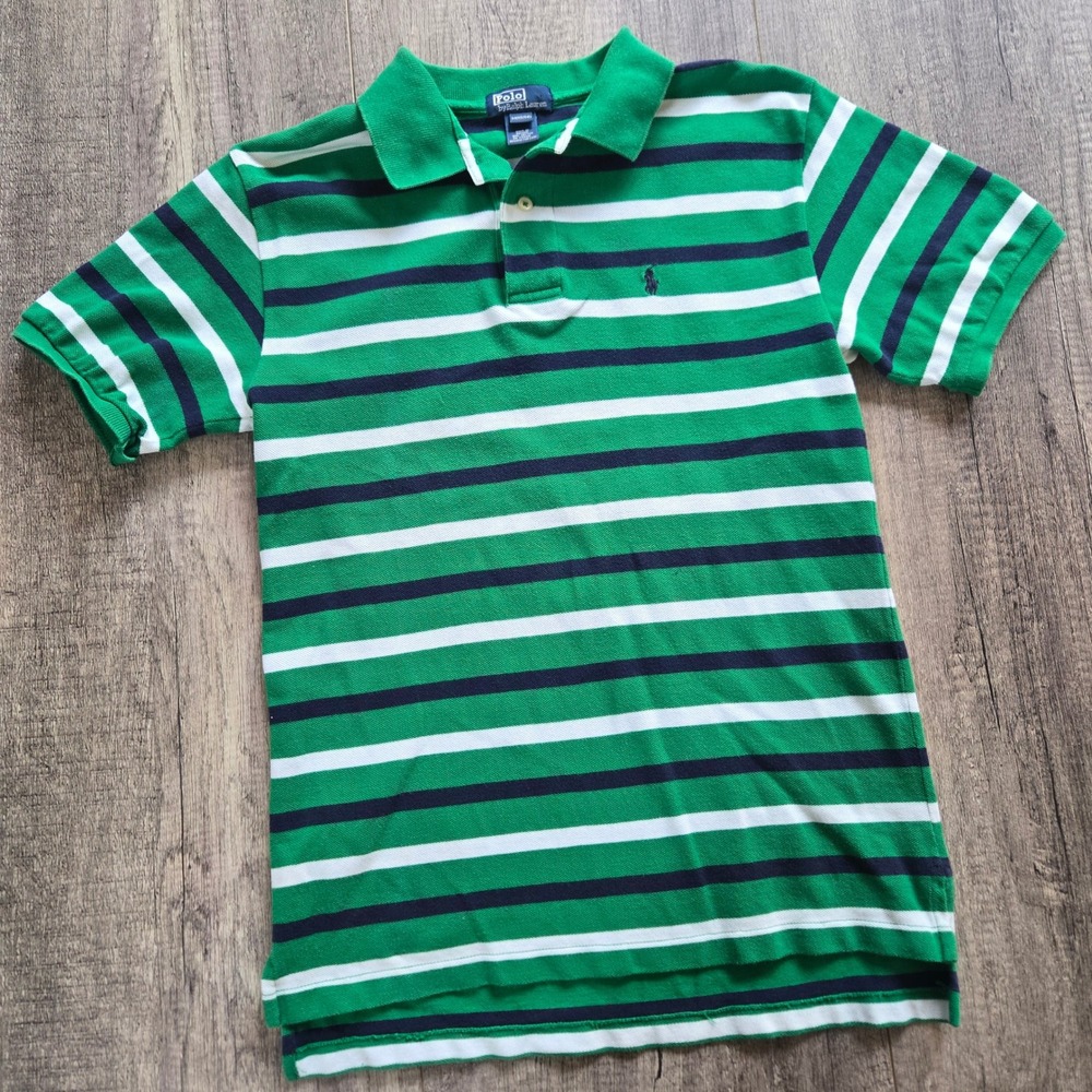 Polo Ralph Lauren Kids Green White Navy Striped Cotton Polo Shirt Size M 12-14